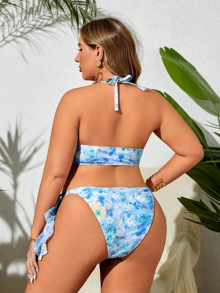 Plus Size Women's Tie-Dye Print Patchwork Ruffle Trim Halter Neck Two-Piece Bikini Set, Perfect For Holiday Summer Beach