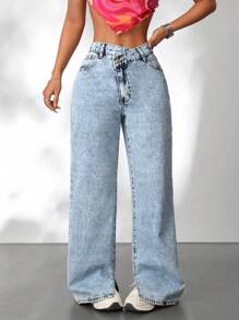 SHEIN PETITE Women's Casual Wide-Leg Jeans With Slit Hem And Diagonal Fly, Blue