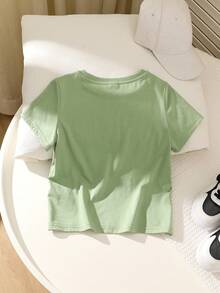 SHEIN 男孩實色短袖t恤,休閒圓領套頭,寬鬆版型 - 綠色 - 查看 2