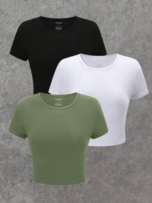 SHEIN Essnce 3 Pieces Pack Basic Short Sleeve Crop Tees - Multicolor - View 1