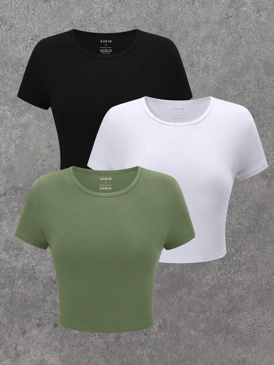 SHEIN Essnce 3 Pieces Pack Basic Short Sleeve Crop Tees - Multicolor - View 1