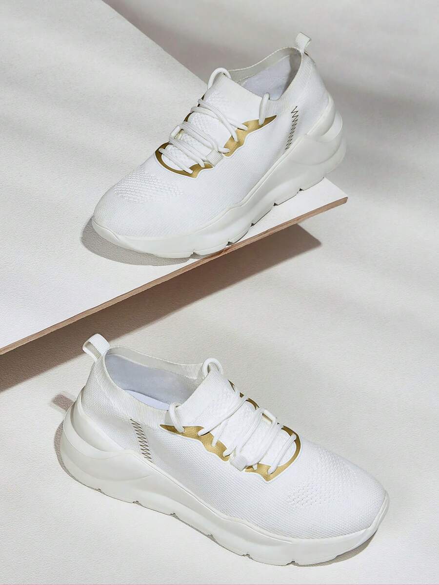 Lace Up Decor Knit Running Shoes Sports Shoes Casual Shoes - White - View 1