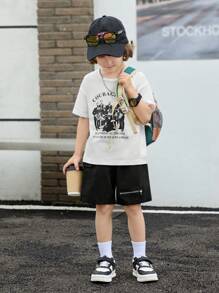 SHEIN 2 Stücke/Set lässige Hose und Outfit mit Reißverschluss-Deko für kleine Jungen
