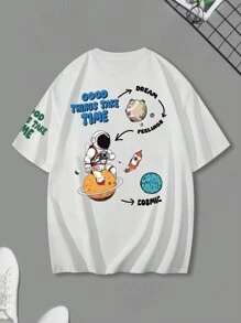 Claim Dot 男士夏季运动休闲宽松趣味宇航员和字母图案印花短袖圆领 T 恤，适合外出、送给朋友 - 白色 - 查看 2