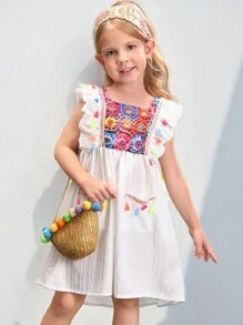 SHEIN Young Girl's Colorful Tassel Decorated Cap Sleeve Dress