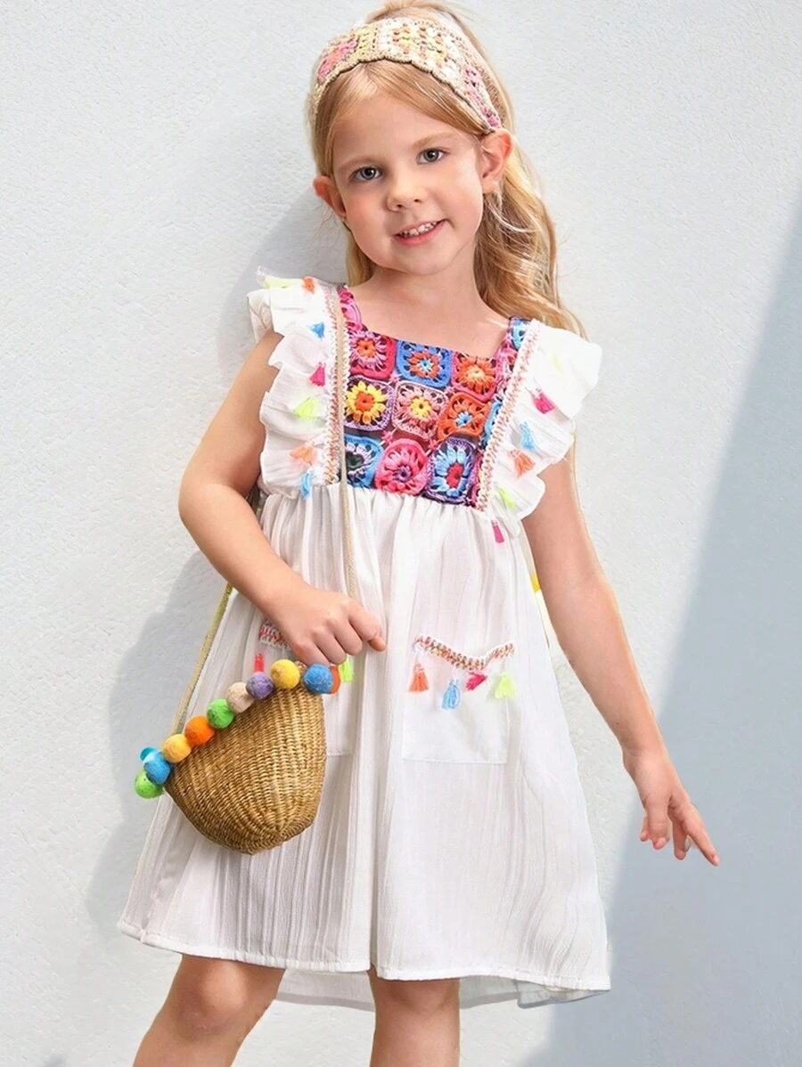 SHEIN Young Girl's Colorful Tassel Decorated Cap Sleeve Dress