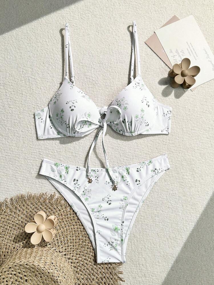 Summer Women Vacation Floral Printed Bikini Set With Front Tie Design, Two Pieces