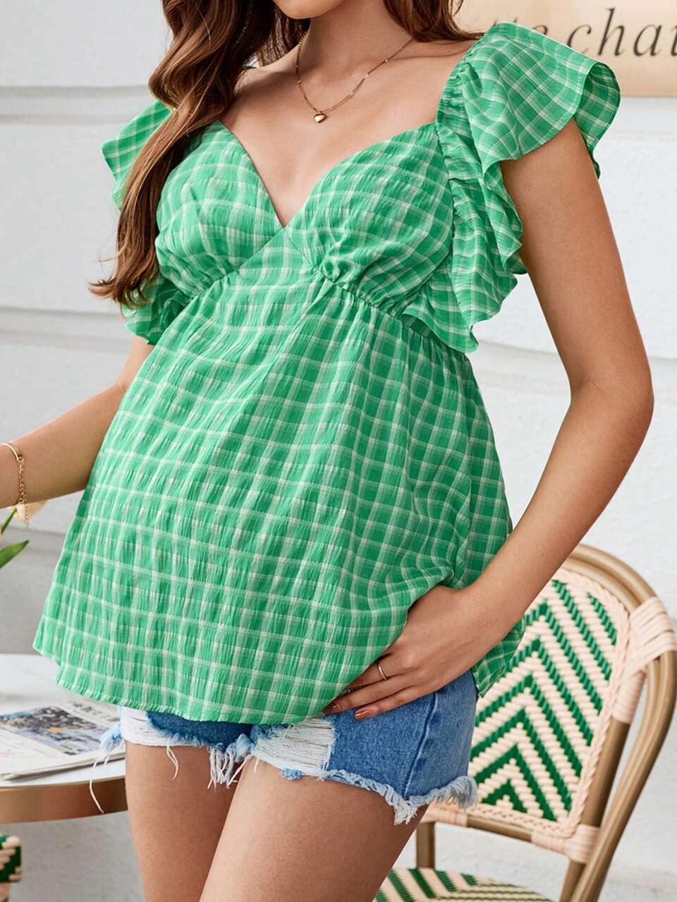 Maternity Young Sporty Casual Chic Deep V-Neck Grid Pattern Longline Top