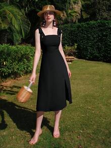 Women's Solid Color Simple Casual Spaghetti Strap Side Split Tie Long Dress - Black - View 6
