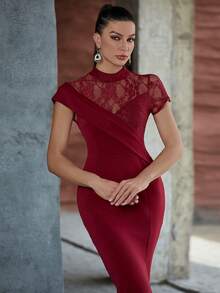 酒紅色不對稱短袖蕾絲分層連衣裙 - 酒紅色 - 查看 3