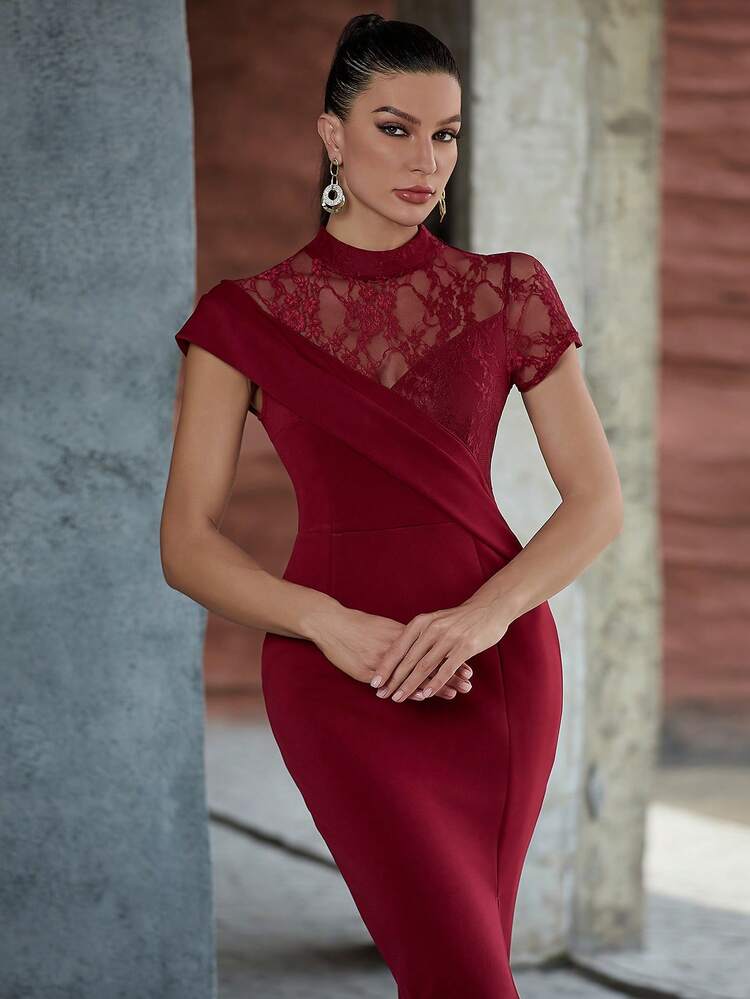 Burgundy Asymmetrical Short Sleeve Lace Layered Dress | SHEIN USA
