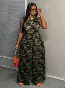 Slaydiva Plus Size Camouflage Knit Wide Leg Jumpsuit For Summer - Multicolor - View 3