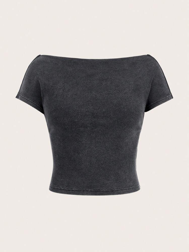 Black Knitted Backless Women Tight T-Shirt