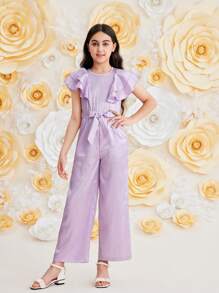 SHEIN Tween Girl Elegant Solid Color Jacquard Ruffle Jumpsuit, Summer
