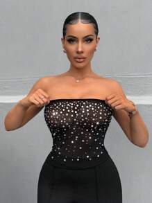 SHEIN SXY Grace Rhinestones Holiday Party Women's Music Festival Fashion Rhinestone Decorated Strapless Top