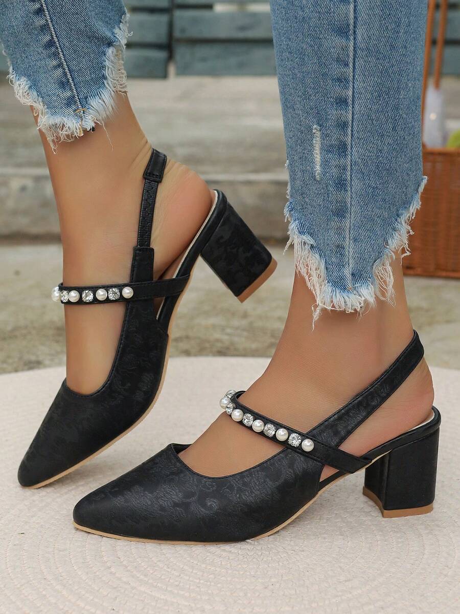 New 2024 Women High Heel Closed Toe White High Heel Pumps, Party Lady Mary Janes Rhinestone Embellished High Heels - Black - View 1