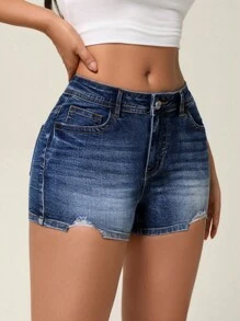 女士簡約日常破洞牛仔短褲，適用於春夏 - 深色水洗藍 - 查看 4