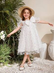 SHEIN Chiếc váy midi tay phồng có nơ ngọt ngào cho cô gái trẻ với đường viền cổ vuông cho kỳ nghỉ - trắng - Xem 1