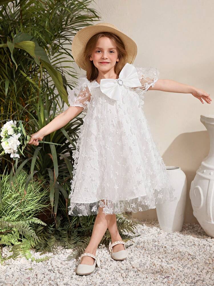 Young Girl Sweet Bowknot Puff Sleeve Midi Dress With Square Neckline For Vacation