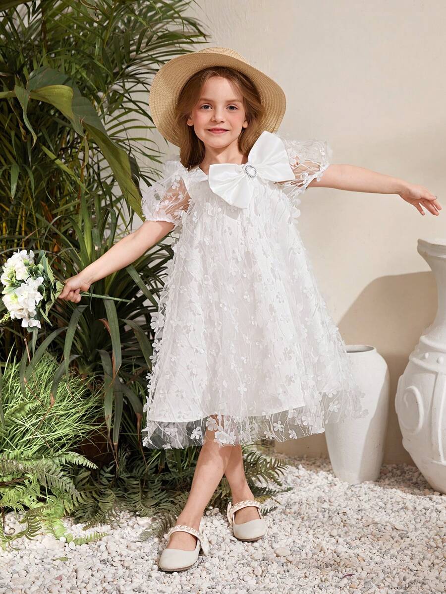SHEIN Chiếc váy midi tay phồng có nơ ngọt ngào cho cô gái trẻ với đường viền cổ vuông cho kỳ nghỉ - trắng - Xem 1