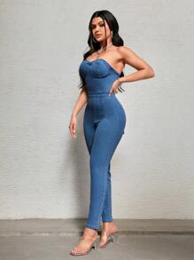 SHEIN SXY Solid Color Strapless Backless Tie-Dye Sexy Denim Jumpsuit - Medium Wash - View 3