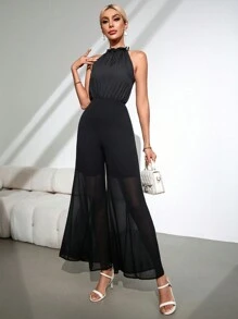 SHEIN Privé Women's Summer Elegant Black Party Night Halter Neck Wide-Legged Semi-Sheer Jumpsuit,Mesh Chiffon Patchwork Sleeveless Long Jumpsuit For - Black - View 1