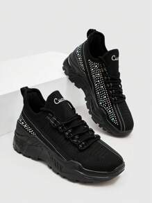 女士運動鞋，字母圖形綁帶前後跟厚底鞋，運動鞋，休閒鞋 - 黑色 - 查看 4