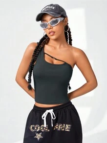 SHEIN Coolane 金屬裝飾空心單肩上衣，春夏百搭 - 灰色 - 查看 7