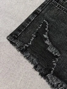 SHEIN Teen Girl Ripped Denim Shorts With Frayed Hem And Pockets - Black - View 4