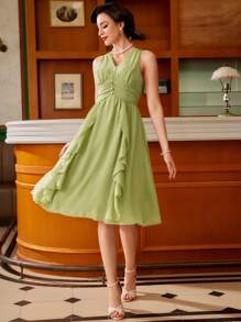 Vintamour Sage Green Elegant Summer Date Women's Dress,Vintage V Neck Mesh Chiffon Ruched Ruffle Hem Sleeveless Faux Pearl Button Midi Formal Wedding Dresses - Green - View 3