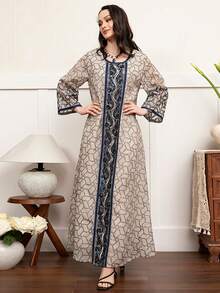 Elegant Round Neck Long Sleeve Geometric Embroidery Regular Modest Dress, Kaftan - Apricot - View 5