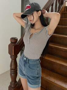 Dazy Star Women's Summer Striped & Printed Button Half-Placket Short Sleeve Casual T-Shirt,Crop Tops Women Preppy Tops - Apricot - View 4