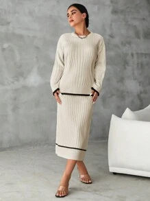 EURMUSE Khâu Cạnh Vòng cổ Áo len Và Váy Hai chiếc Bộ - Nhiều màu - Xem 4