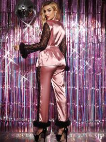 Bộ đồ ngủ dài tay bằng lụa giả lụa 3D viền ren 3D có màu tương phản cho nữ kèm quần - Hồng - Xem 2