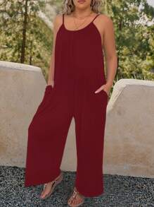 SHEIN LUNE Mono de talla grande de unicolor con bolsillos, peto sin mangas para verano - Burdeos - Ver 3