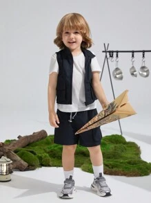 SHEIN 年輕男孩實色t恤與翻蓋口袋背心外套和束腰短褲 - 黑與白 - 查看 3