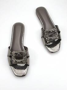 Women's Glamorous And Shiny Rhinestone Buckle Decor Grey Snake Texture Fabric Fashionable And Comfortable Square Toe Flat Mules For Daily Party Wear - Grey - View 2