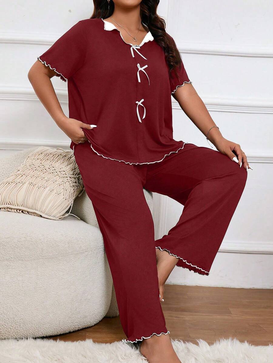 Conjunto de pijama de vino rojo romántico con cuello en V para mujer de talla grande, primavera y otoño - Burdeos - Ver 1