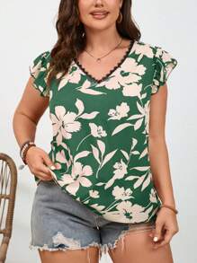 SHEIN Frenchy 夏季新款加大码蕾丝露背花朵雪纺上衣，配以飘逸袖子 - 墨綠色 - 查看 4