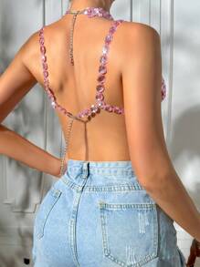 VaVaBold Lễ hội âm nhạc mùa hè dành cho nữ Áo crop top năm cánh đính kim cương giả có dây đeo spaghetti - Nhiều màu - Xem 6
