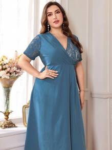 Mulvari Elegantes Kontrastspitzen Maxikleid mit kurzen Ärmeln für Damen in Große Größen, Sommer Maxioutfit für Frauen