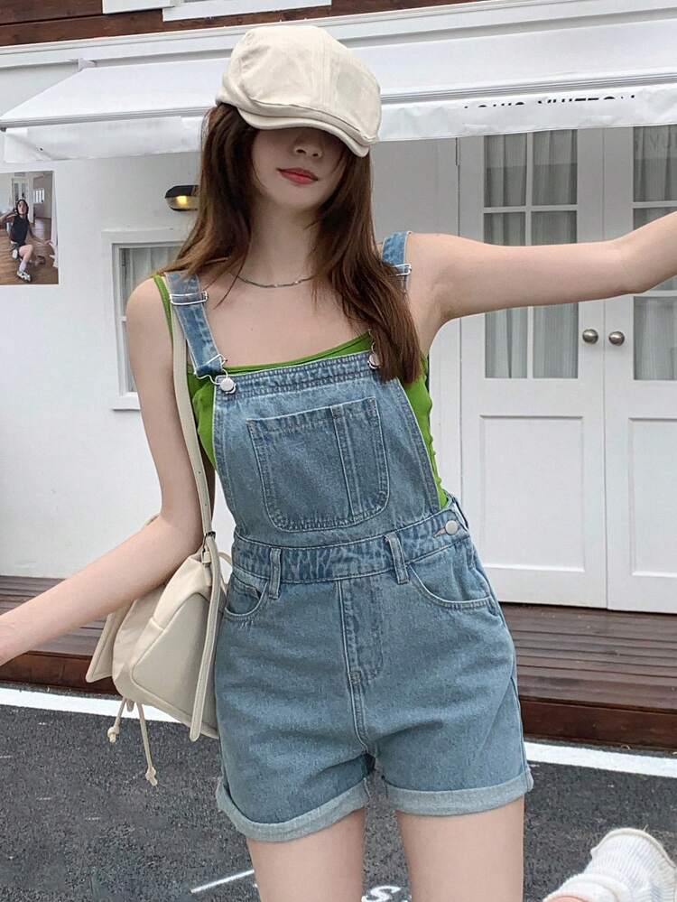 Summer Casual Washed Frayed Denim Overalls