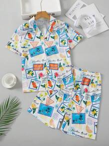 青少年男生簡約時尚印花開衫上衣和短褲，休閒寬鬆家居服 - 彩色 - 查看 1