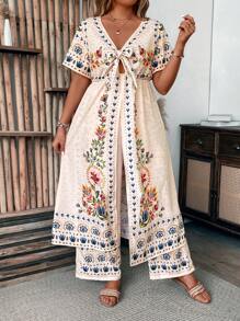Breezaya Plus Size Women Boho Elegant Vacation Multicolor Retro Twist Cut-Out Plus Size Boho Tee & Wide Leg Palazzo Pants 2 Pieces Set Summer