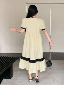 DAZY Women's Color Contrast Puff Sleeve Casual Daily Wear Short Sleeve Dress For Summer,Ruffle