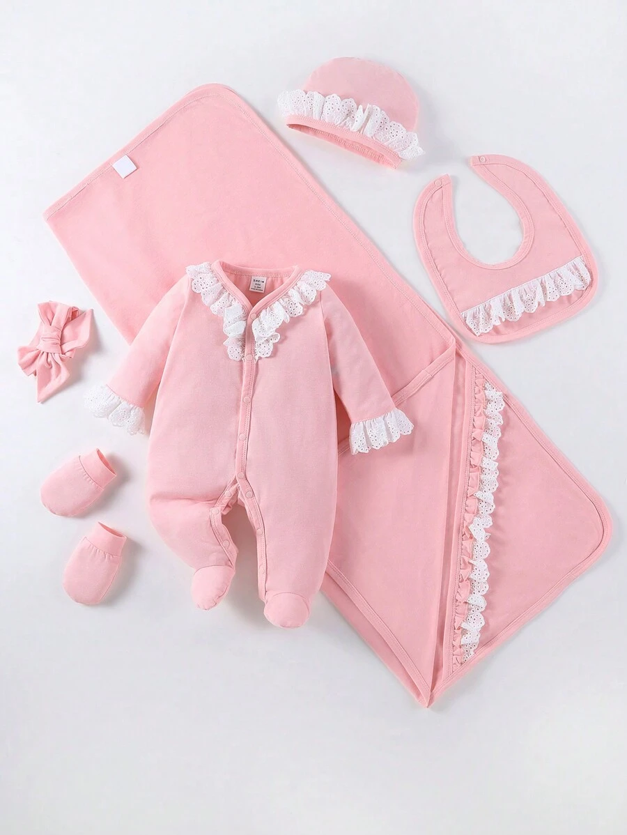 SHEIN Baby Girl Pink & White Lace Long Sleeve Footed Romper With Hat, Bib, Blanket And Headband Gift Set - Pink - View 1