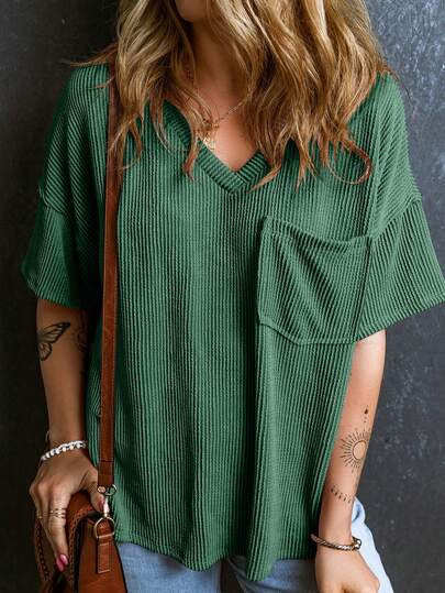 CILKOO 女士宽松扭结纹理V领短袖T恤，春夏休闲款