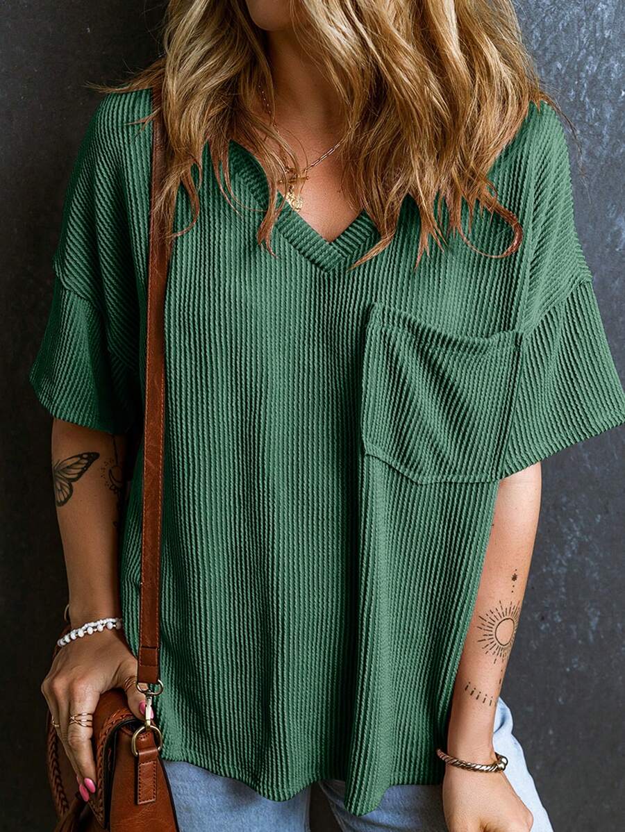 CILKOO 女士宽松扭结纹理V领短袖T恤，春夏休闲款 - 橄欖綠 - 查看 1