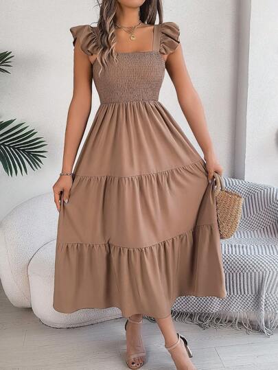 New Solid Color Squared Collar Casual Backless Ruffle Hem Sleeveless Midi Dress, Khaki, Spring/Summer