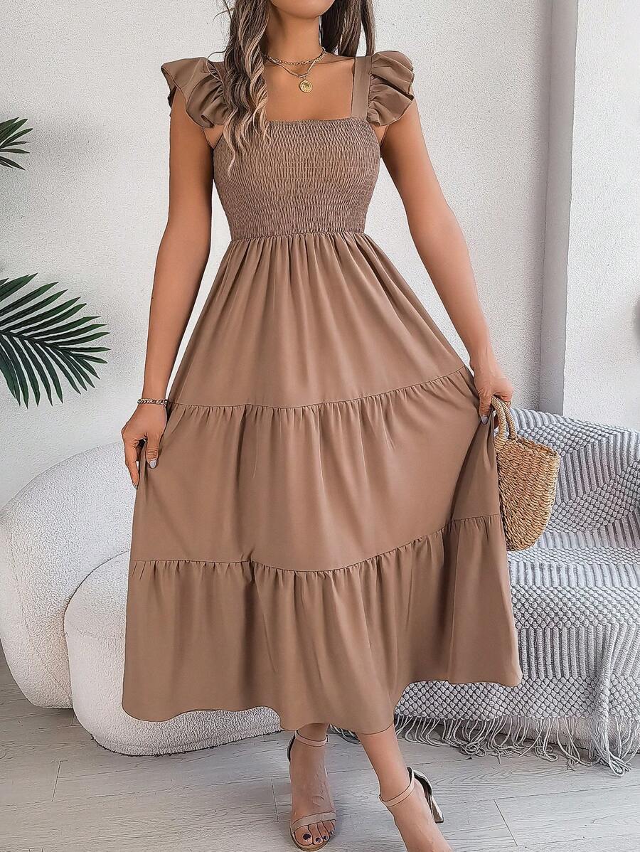 New Solid Color Squared Collar Casual Backless Ruffle Hem Sleeveless Midi Dress, Khaki, Spring/Summer - Khaki - View 1